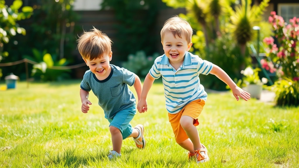 Two young boys playing together in sunny garden, laughing and running through grass, candid childhood joy and sibling bonding