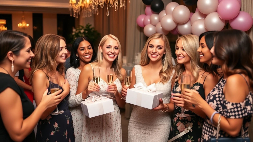 Diverse group of women at elegant baby shower celebration with tasteful decorations, champagne glasses, gift boxes, genuine smiles and conversation, upscale indoor venue