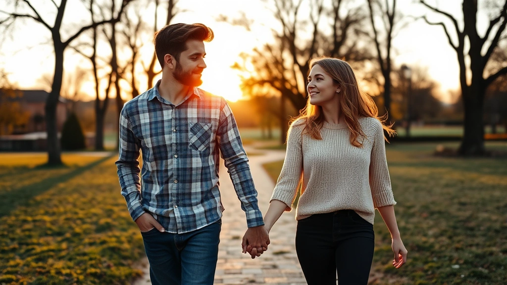 Young couple walking through scenic park during golden hour, casual comfortable clothing, holding hands, peaceful natural landscape with trees and open space, authentic candid moment