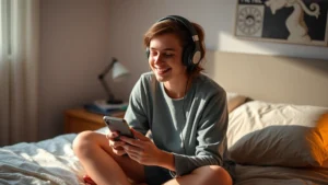A teenager sitting on a bed wearing headphones, smiling while listening to music on their phone, natural bedroom lighting, warm and relatable atmosphere