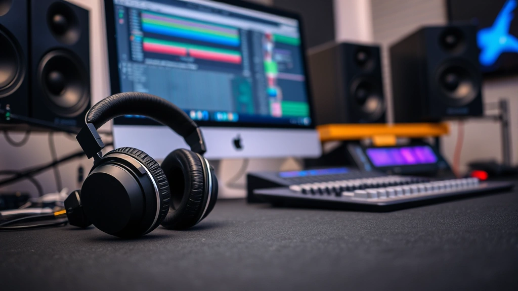 A modern music production setup showing headphones on a desk with a computer screen, representing contemporary music creation and artistry