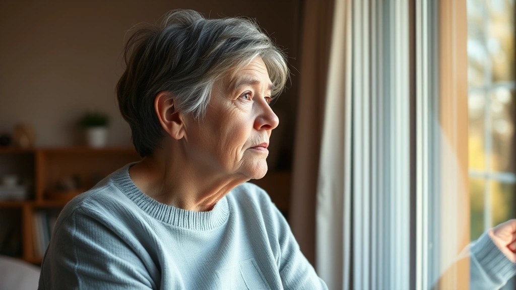 A thoughtful parent looking out a window with soft natural light, appearing contemplative and emotionally present, warm home interior in background