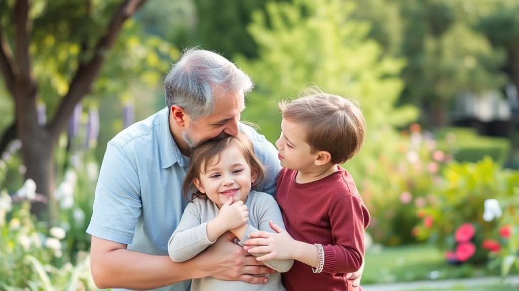A peaceful family moment showing a parent and child together outdoors in a garden or park, genuine connection and care evident in their body language