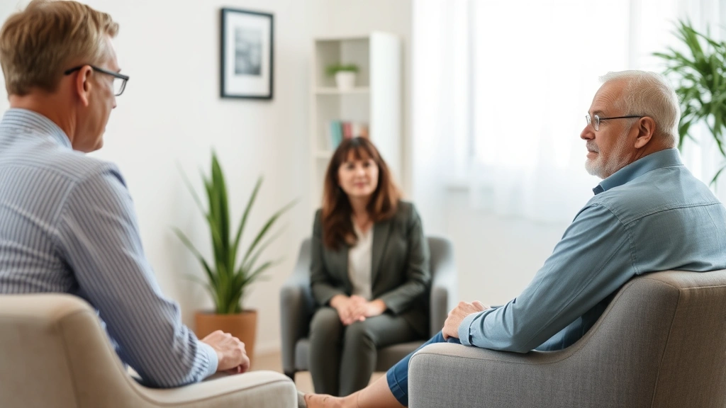 An adult in a therapy or counseling session setting, sitting across from a professional, focused and engaged in honest conversation about family matters