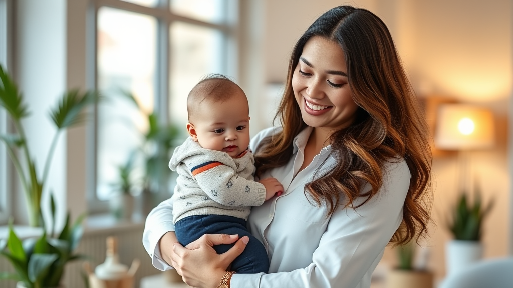 Professional woman holding baby in modern office setting with warm lighting and plants, no text, no words, no letters