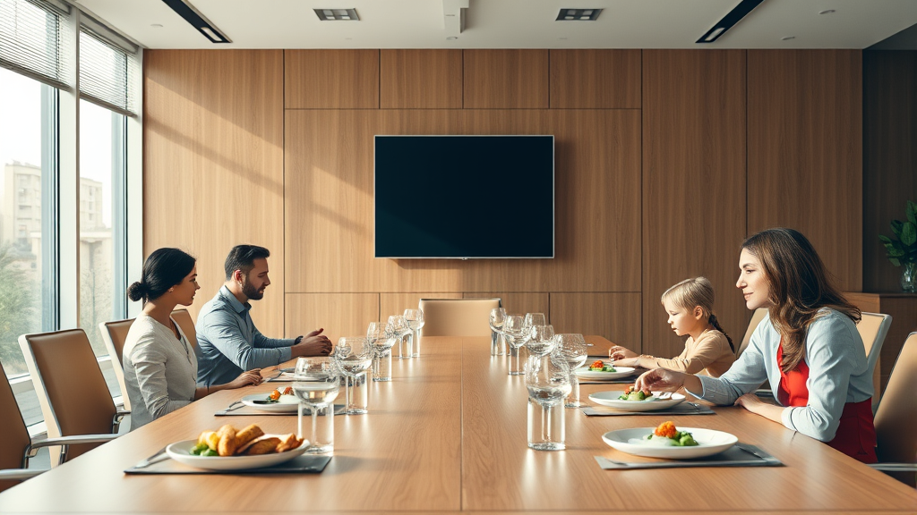 Split scene showing boardroom meeting and family dinner table representing work-life balance, no text, no words, no letters
