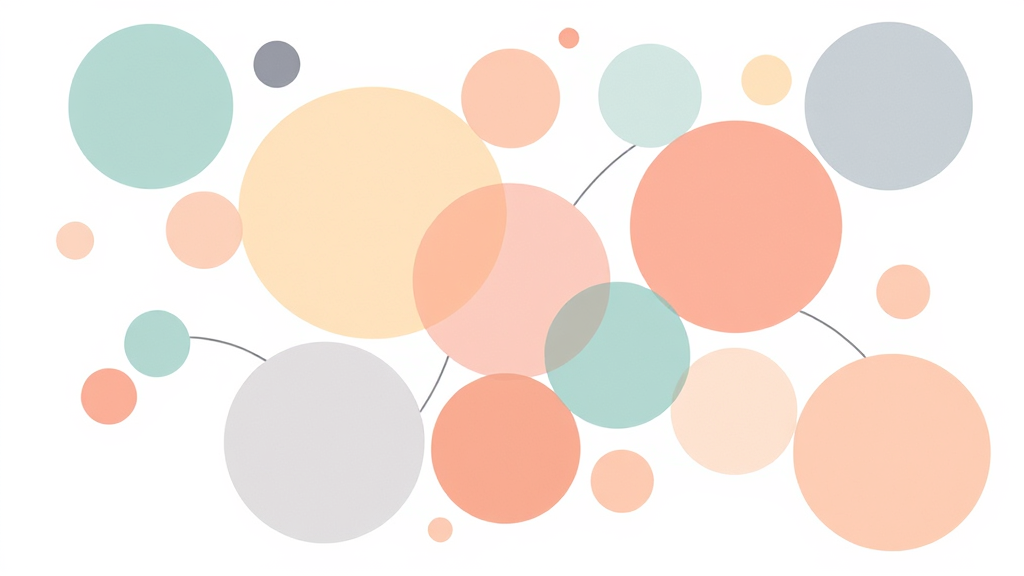Abstract representation of interconnected circles symbolizing family, work and personal relationships in soft colors, no text, no words, no letters