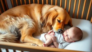 A golden-colored dog lying peacefully next to a sleeping infant in a crib, displaying calm protective posture with focused eyes on the baby