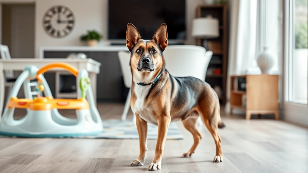 A medium-sized dog with alert ears and forward-facing posture standing between a baby's play area and the living room, demonstrating protective positioning