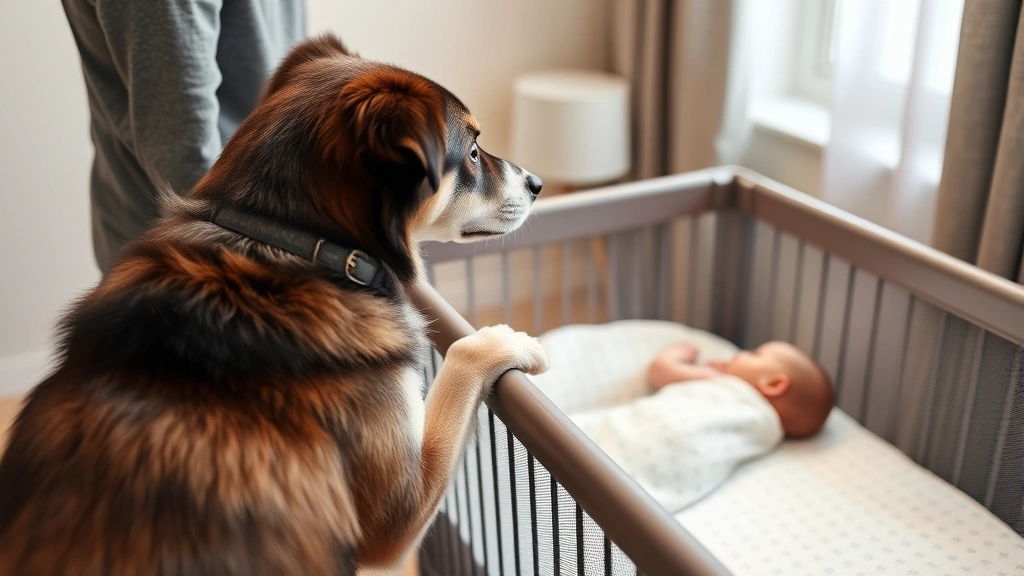 A dog gently nudging a parent's arm while looking back at a baby's bassinet, showing communication and attention-directing behavior without touching the infant