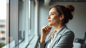 Professional woman in modern office looking thoughtfully out window, soft natural lighting, neutral tones, contemplative expression