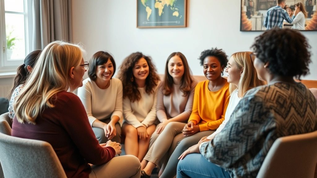 Diverse group of women sitting in a supportive circle during what appears to be a discussion or support group meeting, warm lighting, engaged and listening expressions