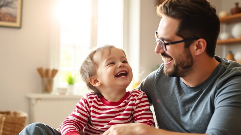 A parent and young child laughing together in a cozy home setting, natural sunlight streaming through windows, depicting quality family time and bonding