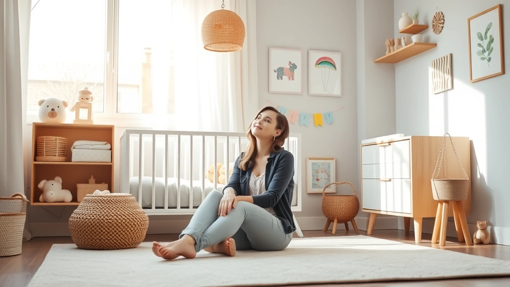 A woman sitting peacefully in a modern nursery with soft pastel decor, gentle morning light, representing motherhood and creating safe spaces for children