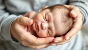 Close-up of a parent's hands gently cradling a sleeping newborn's head and neck, showing proper supportive hold technique with natural lighting and soft focus background