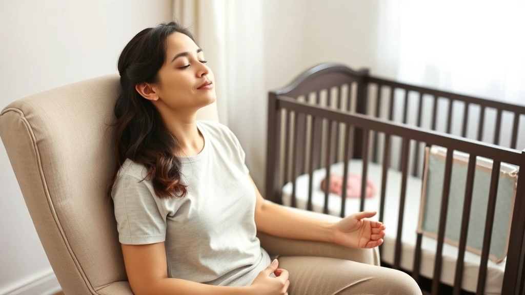 Calm parent sitting peacefully in a nursery chair with eyes closed, practicing deep breathing exercises while baby sleeps nearby in a crib