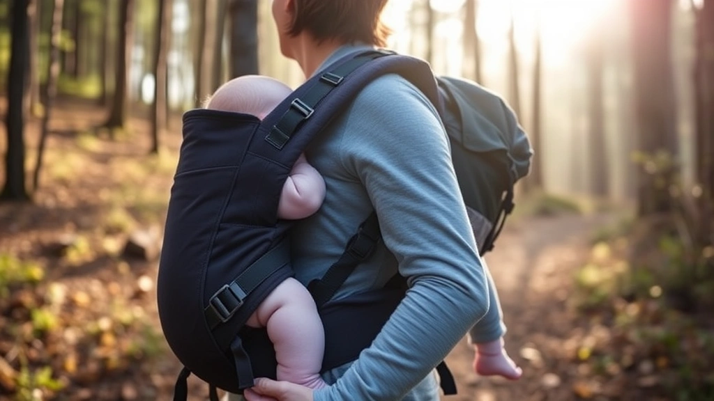 A parent wearing a structured baby carrier while hiking on a forest trail with morning light filtering through trees, showing proper posture and comfort
