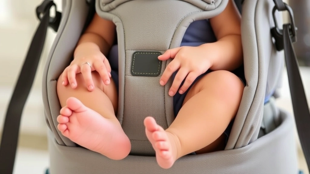 Close-up of an infant in correct M-shaped seating position within a structured carrier, demonstrating proper hip and leg support for development