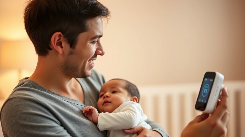 Parent holding infant while checking modern baby monitor device with display screen, warm nursery lighting, peaceful expression