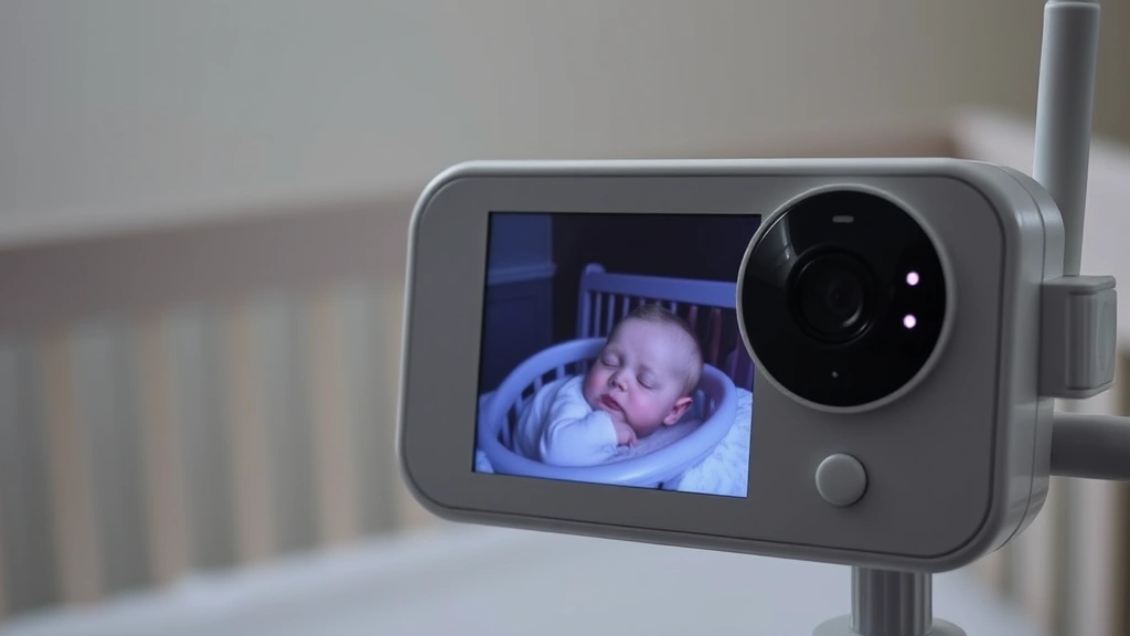 Close-up of baby monitor parent unit screen showing clear infrared night vision feed of sleeping infant in crib, dark room
