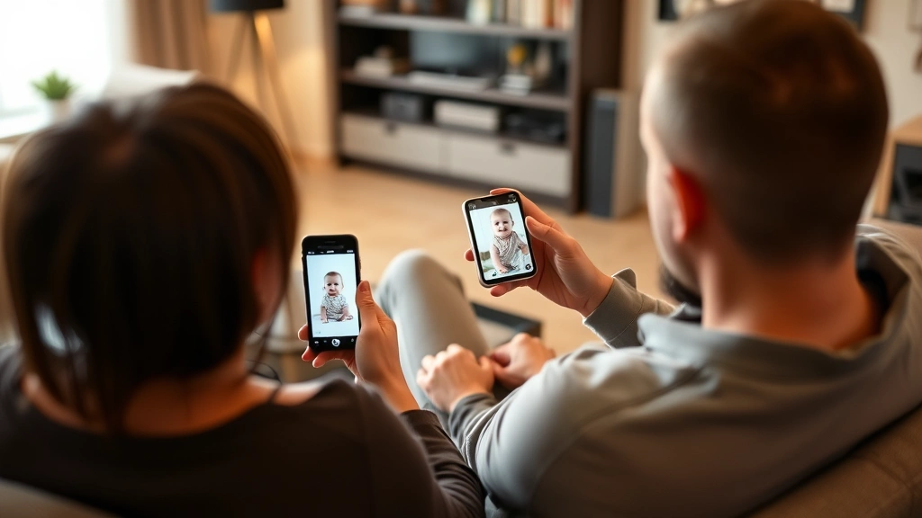 Parent using smartphone app to view baby monitor feed while sitting on living room couch, modern home setting, relaxed posture