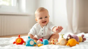 A smiling, plump baby sitting on a white blanket, reaching for colorful soft toys, soft natural lighting from a window