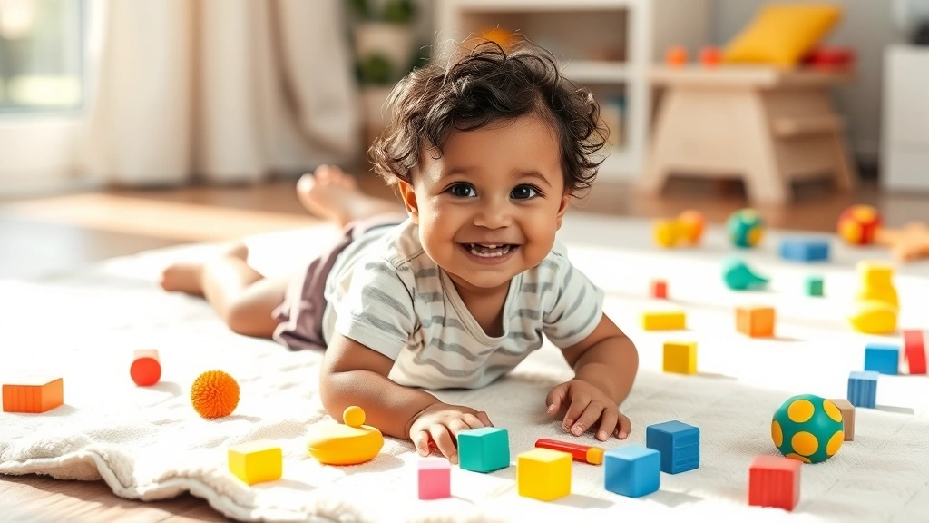 A happy toddler playing on a soft play mat with various toys scattered around, bright natural daylight, candid moment