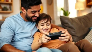 Parent and child sitting together on a couch, child holding a gaming controller, both smiling and looking at the phone screen, warm living room setting with natural lighting