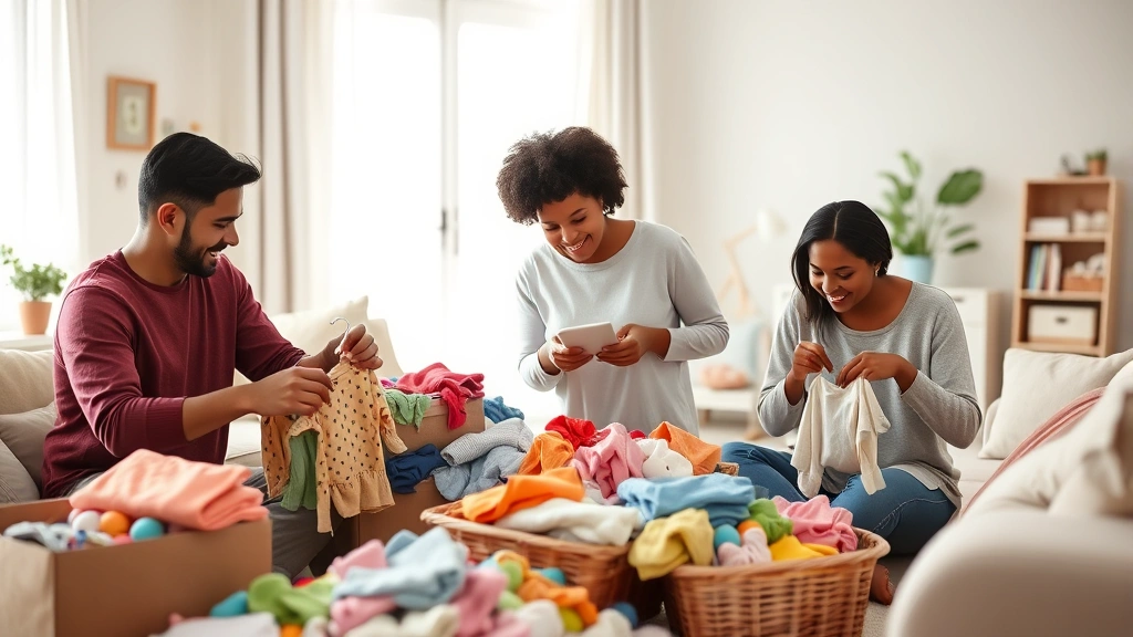 Happy parents sorting through colorful baby clothes and items in a bright living room, smiling and organizing donations together