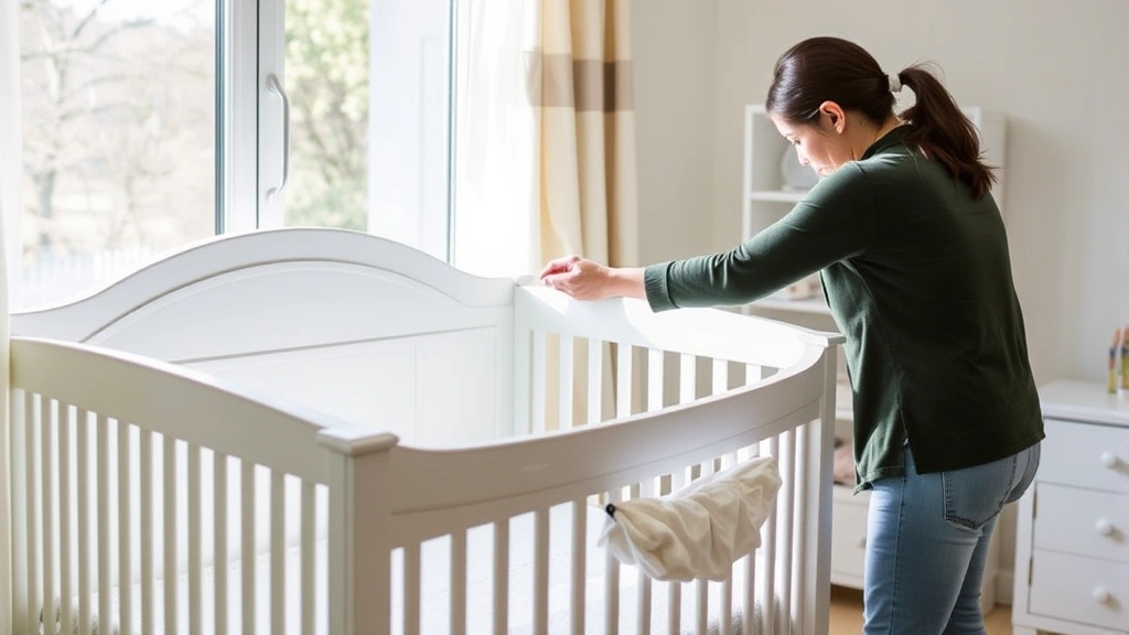 Parent carefully inspecting and cleaning a secondhand baby crib and nursery furniture in natural sunlight near a window