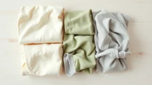 Soft, natural-lit overhead shot of folded baby clothes in cream, sage green, and soft gray tones arranged in neat piles on a light wooden surface
