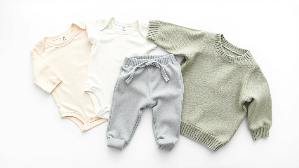 Flat lay of soft baby clothing items in neutral colors: cream bodysuits, gray pants, and sage green sweater arranged neatly on white background