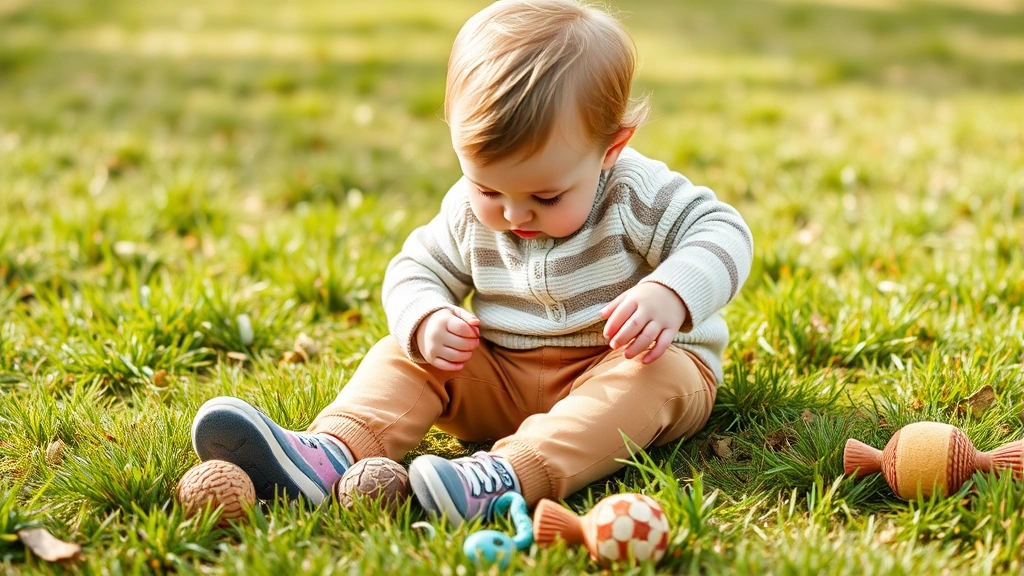 Toddler playing outdoors wearing neutral clothing: striped long-sleeve shirt, tan pants, and cream sweater, sitting in grass with toys