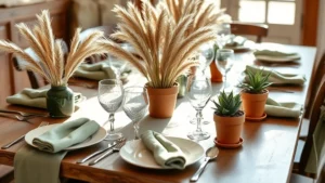 Elegant table setting with sage green linens, dried pampas grass, and terracotta-colored plant pots arranged as centerpieces, natural daylight streaming across wooden table