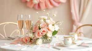 Elegant pastel pink and gold decorated baby shower table with champagne flutes, delicate flowers, and fine china teacups arranged on white linens