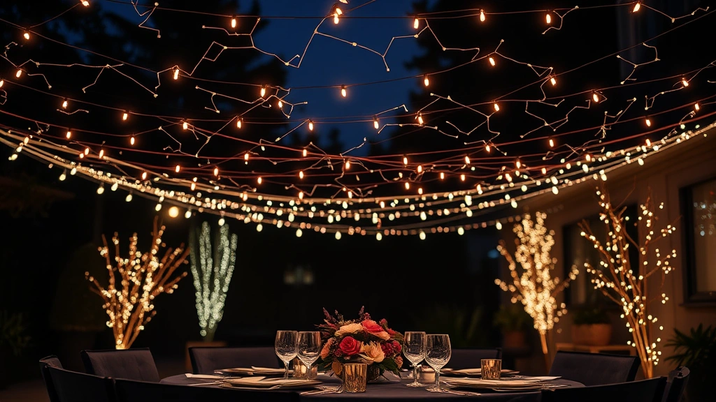 Nighttime outdoor setup with string lights creating constellation patterns overhead, deep navy and rose gold decorations, twinkling ambient lighting reflecting off glass elements