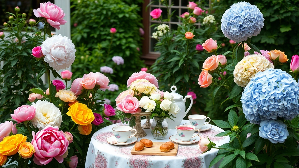 Outdoor garden party setting with colorful blooming peonies, roses, and hydrangeas surrounding a decorated table with vintage teacups and fresh pastries