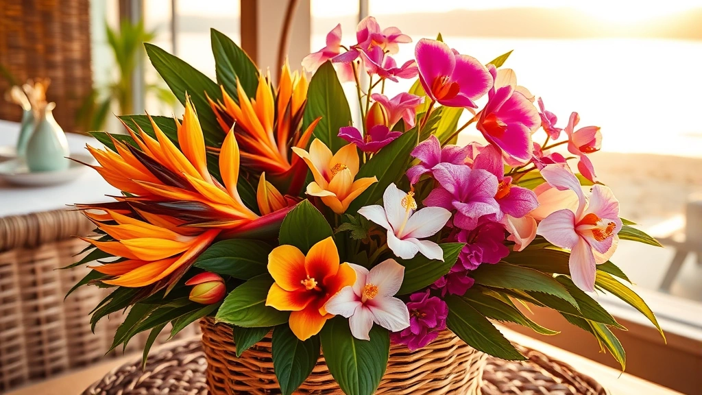 Lush tropical flower arrangement featuring birds of paradise, hibiscus, and orchids in natural woven basket, warm golden hour sunlight, coastal aesthetic with rattan textures