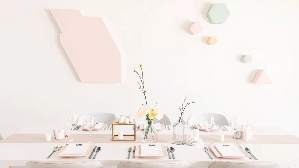 Modern minimalist baby shower setup featuring geometric shapes in soft pastels, clean lines, contemporary centerpieces with single flower stems in geometric vases