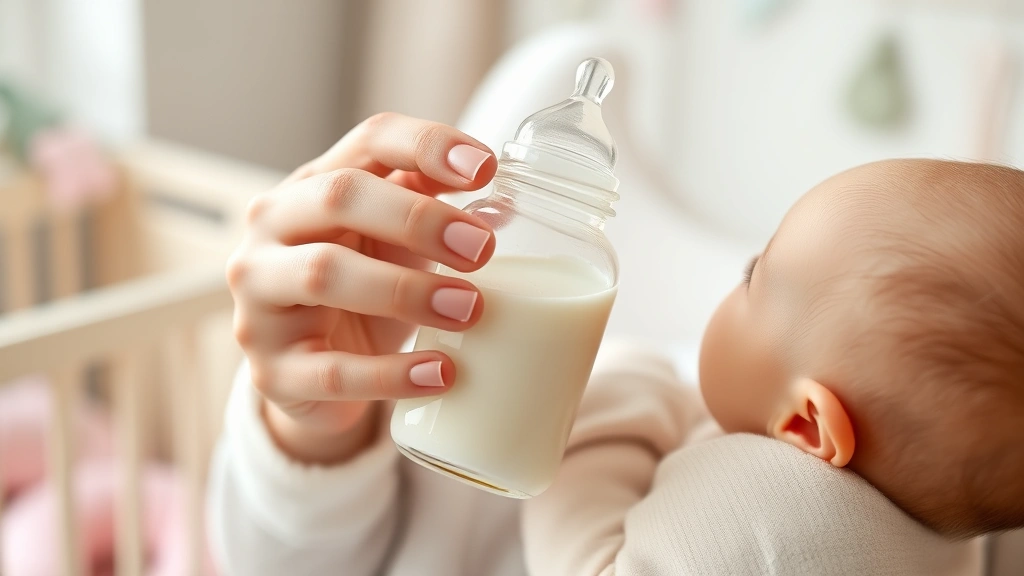 Close-up of a mother gently holding a glass baby bottle filled with milk, soft natural lighting in a modern nursery room with pastel colors