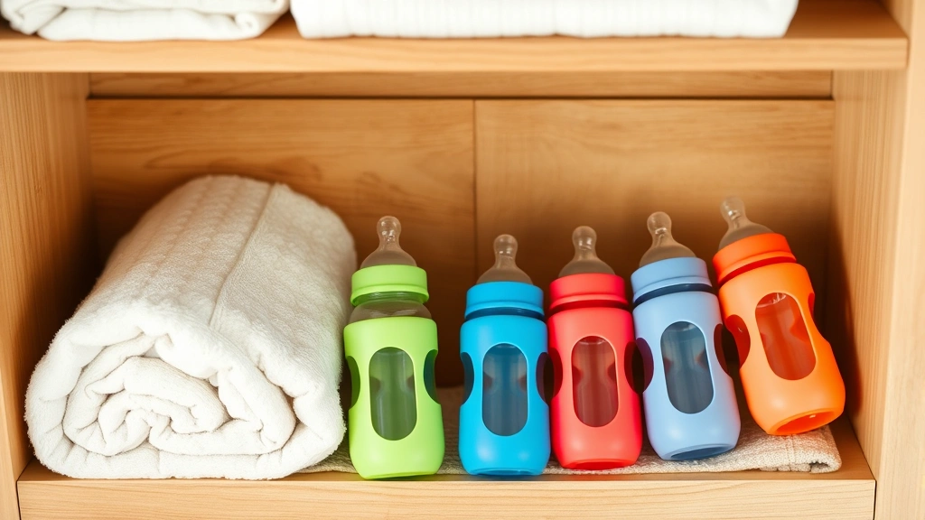 Overhead view of various glass baby bottles with protective silicone sleeves in different colors, arranged on a clean wooden shelf with folded baby blankets