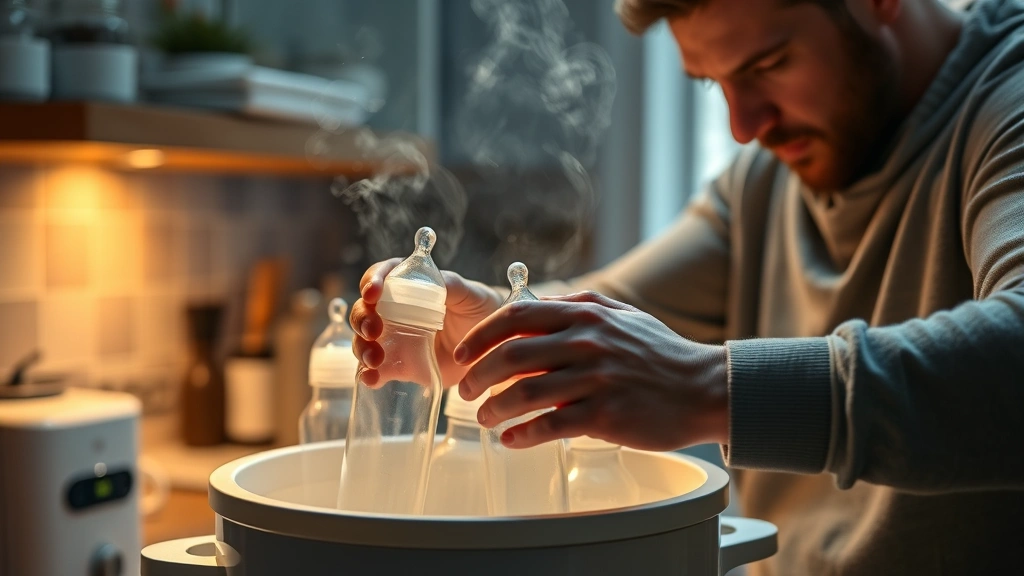 A father carefully sterilizing glass baby bottles in steam sterilizer, warm kitchen lighting, hands handling bottles with care and attention