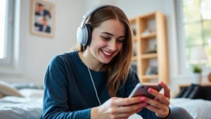 Teenage girl wearing headphones, smiling while listening to music on smartphone, sitting in bright bedroom with natural window light