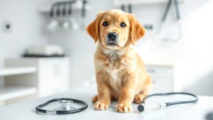 Golden retriever puppy sitting at veterinary clinic examination table with stethoscope nearby, looking up at camera with curious expression, bright natural lighting