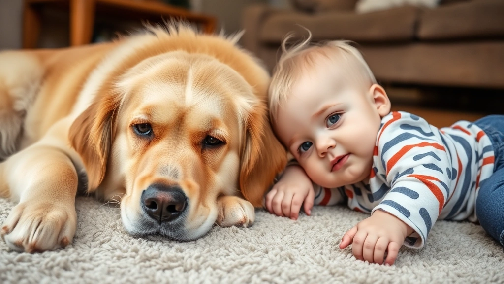 Young Golden Retriever lying gently next to a toddler on a living room floor, both relaxed and comfortable, warm family home setting