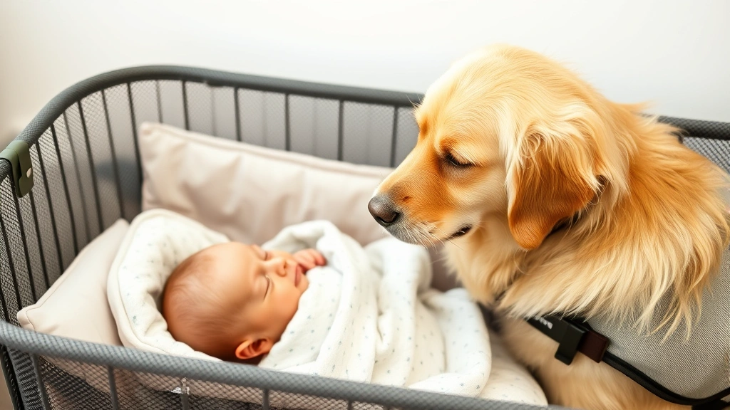Golden Retriever with a gentle expression wearing a service vest, watching over a sleeping infant in a bassinet, protective and calm demeanor