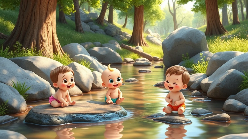 Colorful animated baby characters playing and exploring by a peaceful creek in nature, surrounded by trees and rocks, bright sunny day, playful and innocent atmosphere