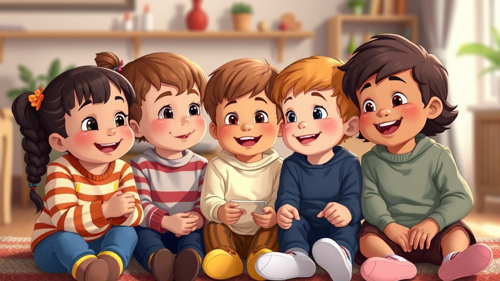 Group of diverse toddler characters sitting together watching something with engaged, happy expressions, cozy indoor setting with soft lighting and warm tones