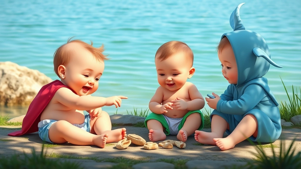 Baby characters problem-solving together outdoors near water, one pointing at something interesting, others gathered around collaboratively, natural daylight, joyful interaction