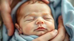 Close-up of a newborn infant with peaceful expression, soft lighting, wrapped gently in light blue blanket, parent's hands visible cradling baby